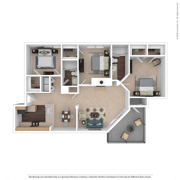 Floor plan for 3 beds, 2 baths, 1321 sqft